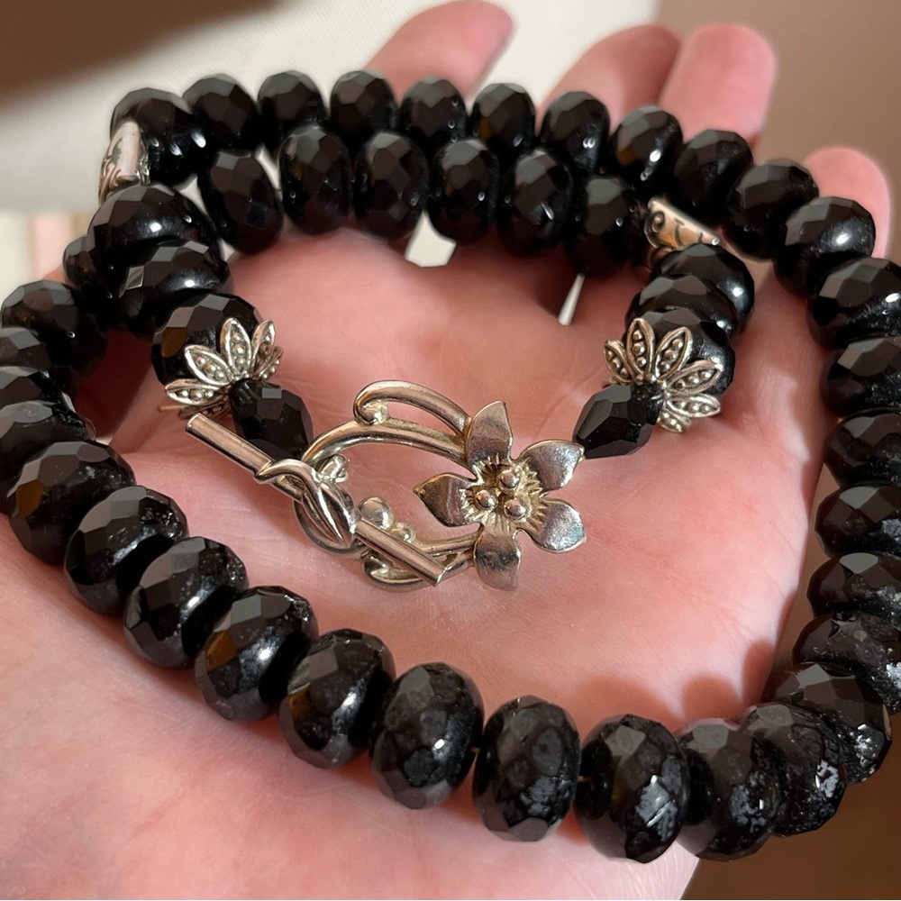 Vintage Heavy Black glass Oversized art deco Goth Beaded Silver Necklace